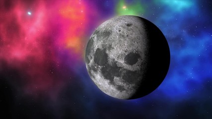 Wall Mural - Moon rotates around its axis and approaching away in the colored galaxy. Earth's natural satellite - animation motion. Video contains: Moon, Luna, Milky Way, Space, Planet, Galaxy, Stars, Cosmos. 4k