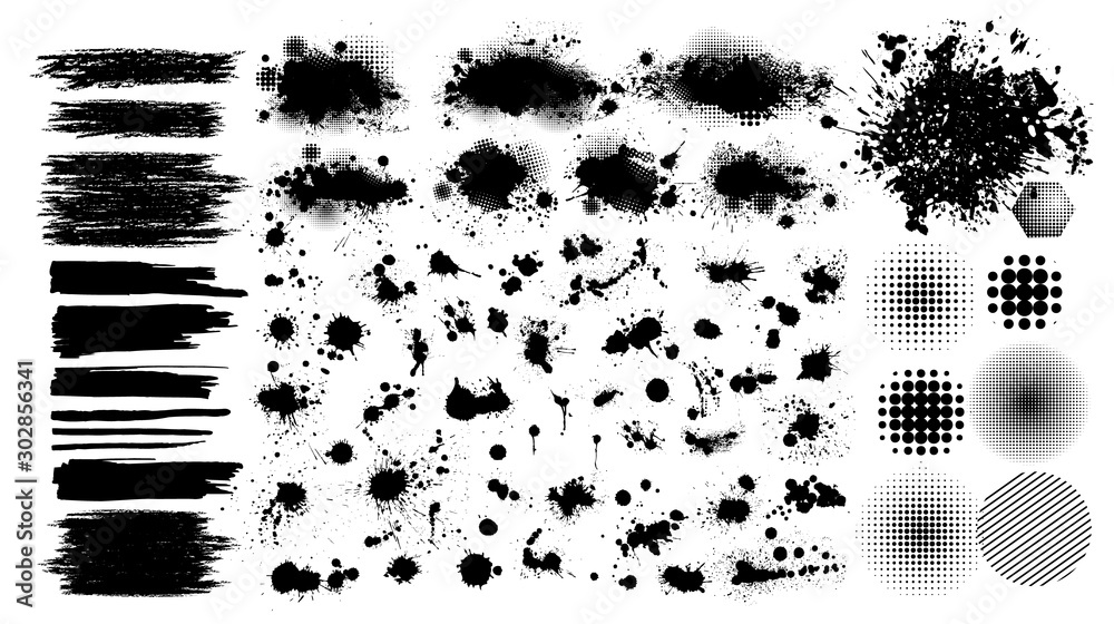 Set of blots. Black spots of paint on a white background. Grunge frame of paint. Vector - obrazy, fototapety, plakaty 