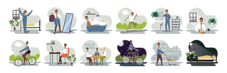 Set of everyday leisure and work activities performing by young man. Bundle of daily life scenes. Girl sleeping, eating, working, doing sports, grocery shopping. Flat cartoon vector illustration.