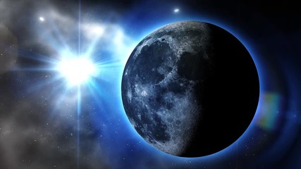 Wall Mural - Blue galaxy with Moon and Sun. Sunrise and sunset in space on Moon. Sun and Moon rotating and approach in open space on the Milky Way. An eclipse of the Sun. Images of Nasa. 4k