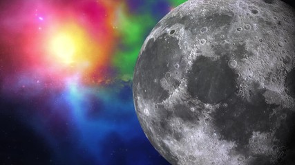 Wall Mural - Moon rotates around its axis and approaching away in the colored galaxy. Earth's natural satellite - animation motion. Video contains: Moon, Luna, Milky Way, Space, Planet, Galaxy, Stars, Cosmos. 4k