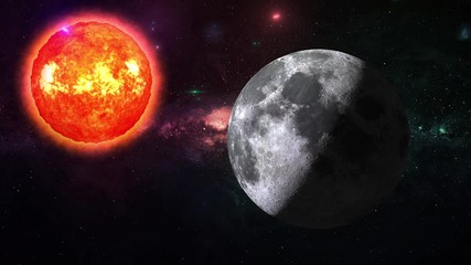Wall Mural - Color galaxy with Moon and Sun. Sunrise and sunset in space on Moon. Sun and Moon rotating and approach in open space on the Milky Way. Video contains: Moon, Milky Way, Space, Galaxy, Stars, Sun. 4k