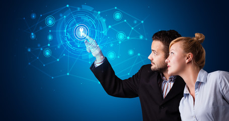 Poster - Man touching hologram screen displaying keys and locks