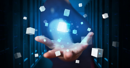 Aufkleber - Person holding hologram projection displaying white cubes in server room