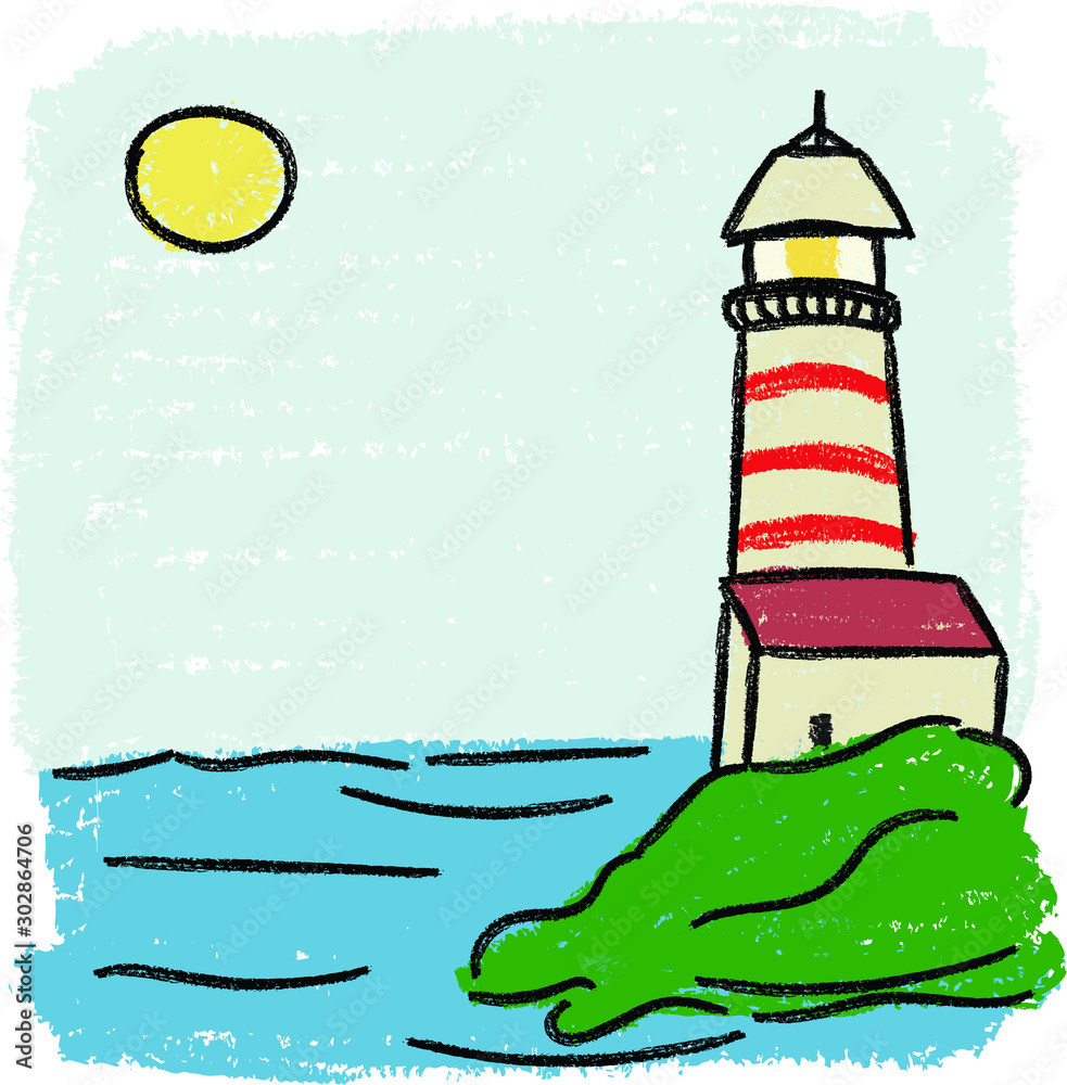 crayon lighthouse landscape doodle hand drawn kids illustration cute ...