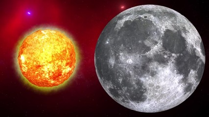 Wall Mural - Color galaxy with Moon and Sun. Sunrise and sunset in space on Moon. Sun and Moon rotating and approach in open space on the Milky Way. Video contains: Moon, Milky Way, Space, Galaxy, Stars, Sun. 4k