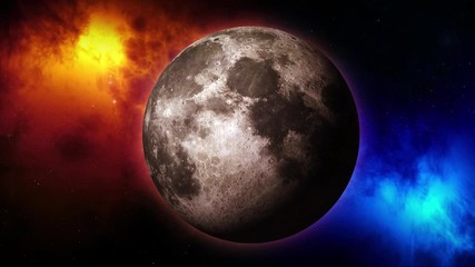 Wall Mural - Moon rotates around its axis and approaching away in the colored galaxy. Earth's natural satellite - animation motion. Video contains: Moon, Luna, Milky Way, Space, Planet, Galaxy, Stars, Cosmos. 4k