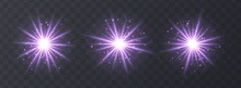 Light Flares Set Isolated On Transparent Background. Purple Lens Flares, Bokeh, Sparkles, Shining Stars With Rays Collection. Glowing Vector Light Effect. Vector Illustration.