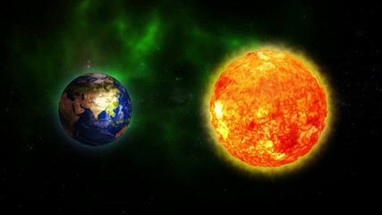 Wall Mural - Color galaxy with Sun and Planet Earth. Sunrise and sunset in space on Planet Earth. Sun and Planet Earth rotating and approach in open space on the Milky Way. Beautiful bright animation. 4k
