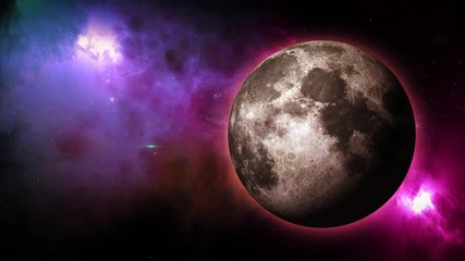 Wall Mural - Moon rotates around its axis and approaching away in the colored galaxy. Earth's natural satellite - animation motion. Video contains: Moon, Luna, Milky Way, Space, Planet, Galaxy, Stars, Cosmos. 4k