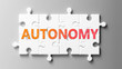 Autonomy complex like a puzzle - pictured as word Autonomy on a puzzle pieces to show that Autonomy can be difficult and needs cooperating pieces that fit together, 3d illustration