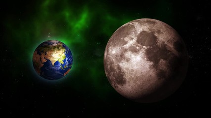 Wall Mural - Green galaxy with Moon and Planet Earth. Moon and Planet Earth rotating and approach in open space on the green Milky Way. Video contains: Moon, Milky Way, Space, Galaxy, Stars, Planet, Earth. 4k