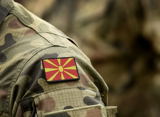 Flag of Republic of North Macedonia on military uniform. Army, troops, soldiers. Collage.