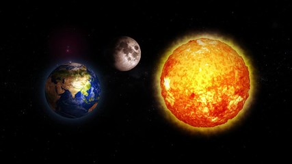 Wall Mural - Black galaxy with Moon Sun and Planet Earth. Sunrise and sunset in space on Moon and Planet Earth. Sun Planet Earth and Moon rotating and approach in open space on the star Milky Way. 4k