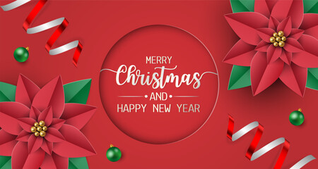merry christmas and happy new year greeting card, postcard, poster with balls, red poinsettia flower