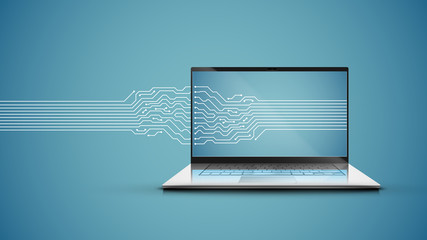 Realistic laptop with electric circuit map, vector illustration