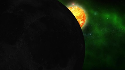 Wall Mural - Green galaxy with Moon Sun and Planet Earth. Sunrise and sunset in space on Moon and Planet Earth. Sun Planet Earth and Moon rotating and approach in open space on the green Milky Way. 4k