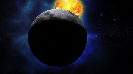 Wall Mural - Color galaxy with Moon and Sun. Sunrise and sunset in space on Moon. Sun and Moon rotating and approach in open space on the Milky Way. Video contains: Moon, Milky Way, Space, Galaxy, Stars, Sun. 4k