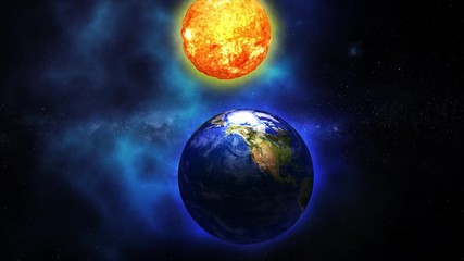 Wall Mural - Blue galaxy with Sun and Planet Earth. Sunrise and sunset in space on Planet Earth. Sun and Planet Earth rotating and approach in open space on the red Milky Way. Beautiful bright animation. 4k