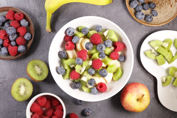 Wall Mural - mixed fruit salad with ingredient, top view