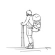 Sketch of man trekking with big backpack, Hand drawn vector linear illustration