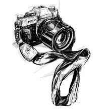 Ink Hand Draw Retro Photo Camera With A Strap