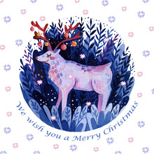 Watercolor Christmas Card With Holiday Deer. Hand-drawn Deer With New Year's Toys In His Horns On A White Background With Snowflakes.