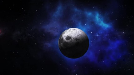 Wall Mural - Planetary moon from space. Earth's natural satellite rotating animation. Motion moon in the blue galaxy with stars. Video contains: Moon, Luna, lunar, space, planet, galaxy, stars, cosmos. 4k