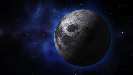 Wall Mural - Planetary moon from space. Earth's natural satellite rotating animation. Motion moon in the blue galaxy with stars. Video contains: Moon, Luna, lunar, space, planet, galaxy, stars, cosmos. 4k