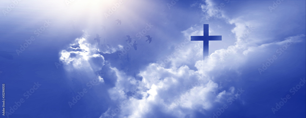 Christian cross appeared bright in the sky with soft fluffy clouds, white, beautiful colors. With the light shining as hope, love and freedom in the sky background - obrazy, fototapety, plakaty 