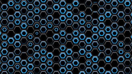 Poster - Randomly pulsating hexagonal grid. Neon blue light hexagon pattern.