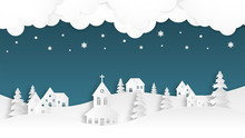 Landscape Winter Season With Urban Countryside, Crunch, House, Pine Tree And Falling Snow Background In Paper Cut Style.