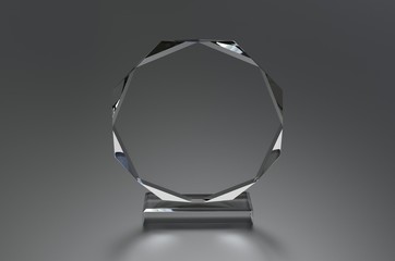 blank transparent crystal trophy for mock up. 3d render illustration.