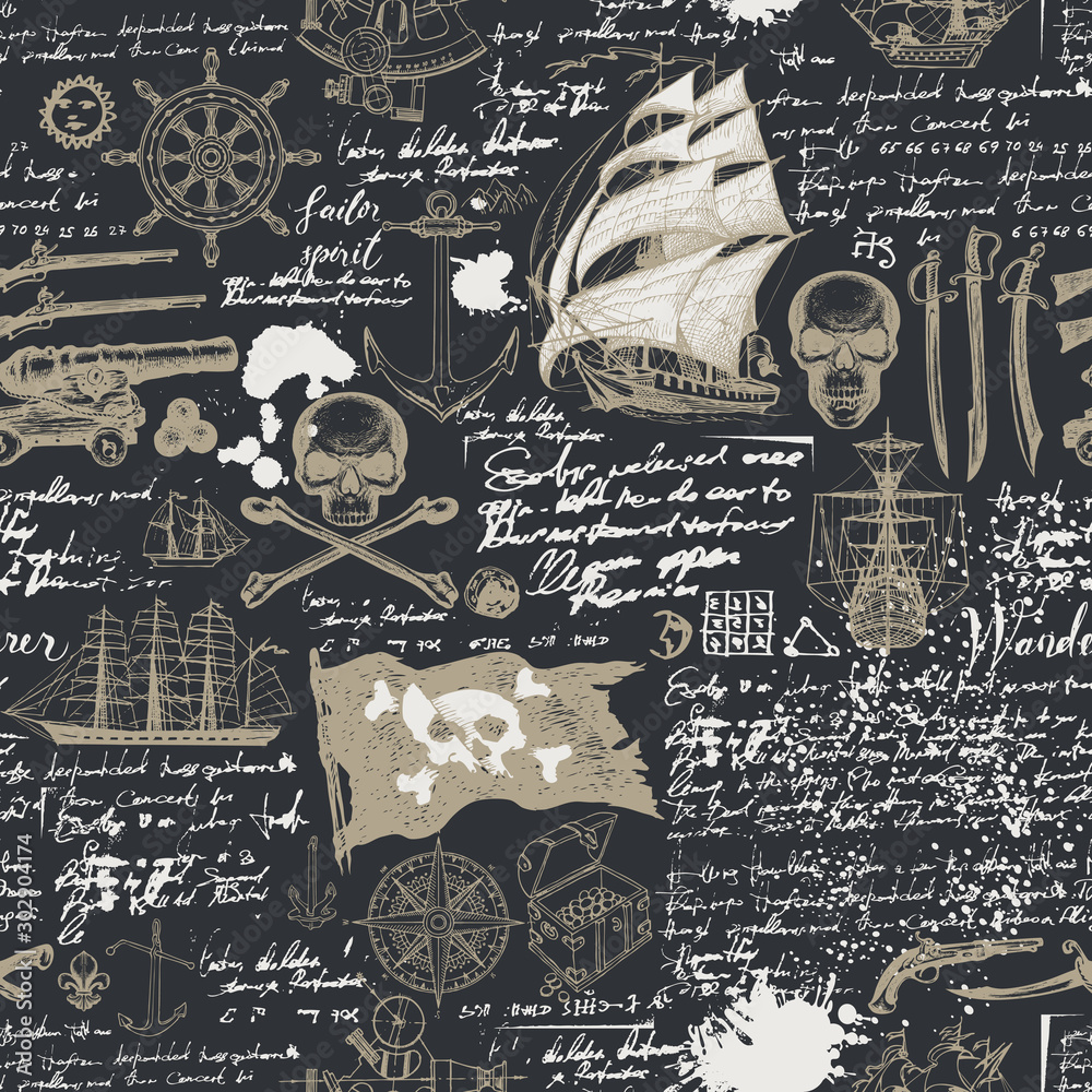 Vector abstract seamless pattern with skulls, crossbones, pirate flag ...