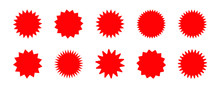 Set Of Vector Red Starburst, Sunburst Badges. Red Icons On White Background. Simple Flat Style Vintage Labels, Stickers. 