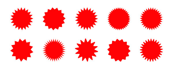 Wall Mural - Set of vector red starburst, sunburst badges. Red icons on white background. Simple flat style vintage labels, stickers. 