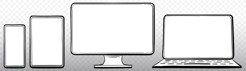 Poster - Laptop, Computer Monitor, Tablet PC and Mobile Phone Hand Drawn Vector Icon Set
