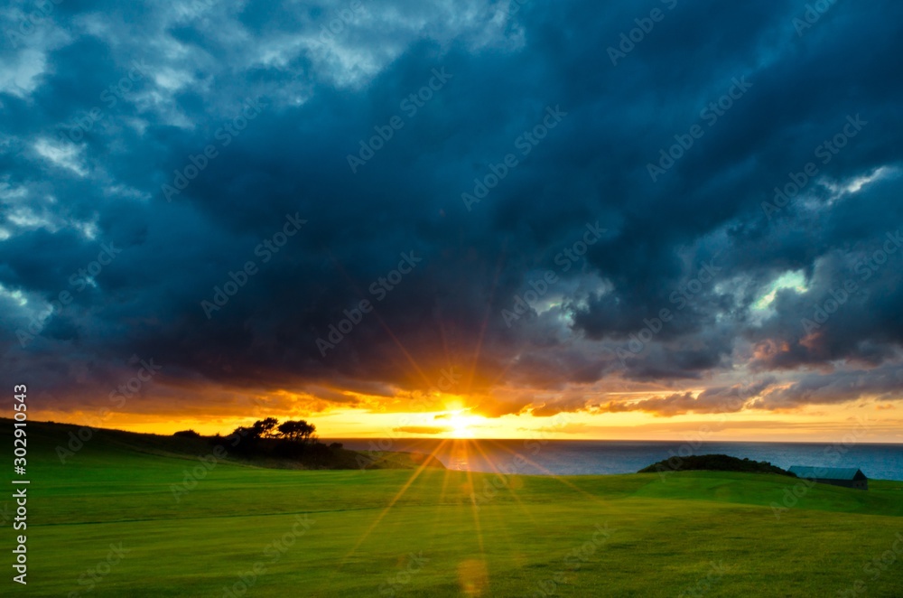 Beautiful shot of a grassy field near the sea with the sun shining in a cloudy sky in background - obrazy, fototapety, plakaty 