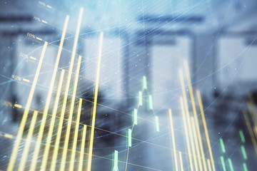 Wall Mural - Stock market chart with trading desk bank office interior on background. Double exposure. Concept of financial analysis