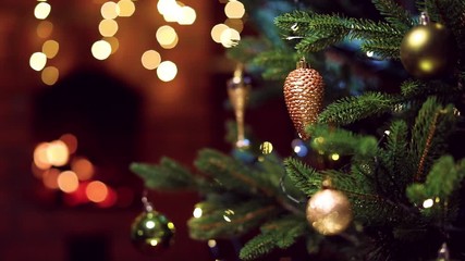 Wall Mural - christmas tree with decorations near a fireplace with lights