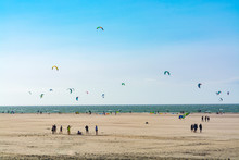 Water Sport Event, Kite Surfers Race In North Sea Near Renesse, Zeeland, Netherlands