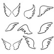 © devitaayu - doodle hand drawn Sketch angel wings. Angel feather wing, bird tattoo silhouette. Linear fly winged angels, flying heaven cartoon vector icons