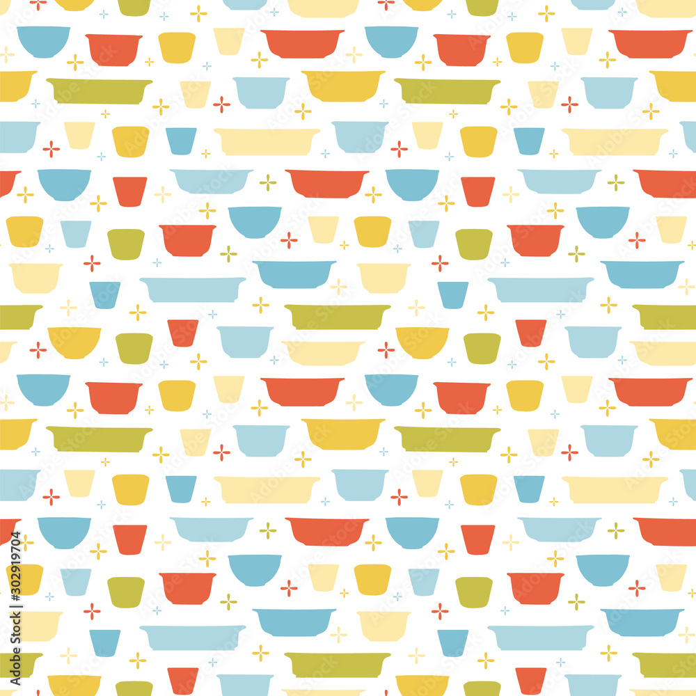 Retro geometric kitchen utensil pattern. Seamless vector background.  Colorful vintage kitchen bowl on white backgroud. For fabric, wallpaper,  packaging, Decorative print. Vintage kitchen background. Stock Vector |  Adobe Stock, image size:1000x1000