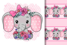 Cute Cartoon Elephant With Flowers On A White Background