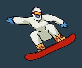 Wall Mural - Bigfoot snowboarding. Yeti riding snowboard. Winter sports vector character illustration.