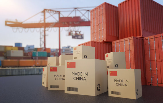 many chinese cargo containers and cardboard boxes. importing goods from china concept. 3d rendered i