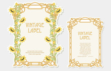 Sunflower. Set Of 2 Labels, Decorative Frames, Borders. Good For Product Label With Place For Text Colored Vector Illustration. In Art Nouveau Style, Vintage, Old, Retro. Isolated On White Background.