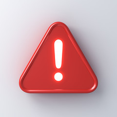 Poster - 3d red hazard warning attention sign with neon light exclamation mark symbol icon isolated on white wall background with shadow 3D rendering