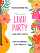 Guitar with jungle flowers, exotic leaves. Hawaiian Luau party invitation vector illustration. Hand drawn sketch style. Place for text. Template for vacation, poster, banner, flyer. Flat style design.