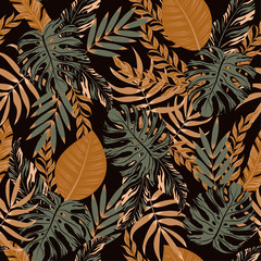  Tropical colorful seamless pattern with exotic leaves and plants. Vector background for various surface. Summer background with exotic leaves. Printing with in hand drawn style.